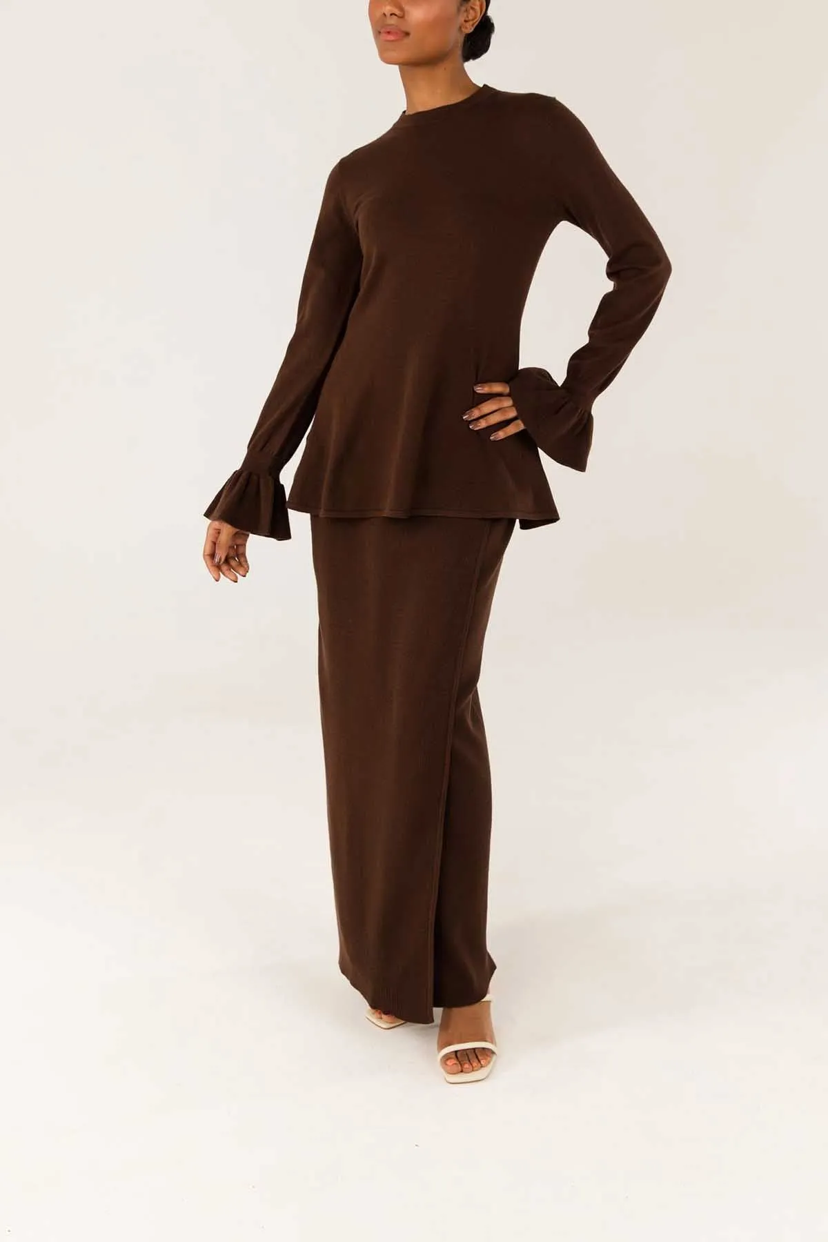 Alara Peplum Knit Top - Chocolate Brown