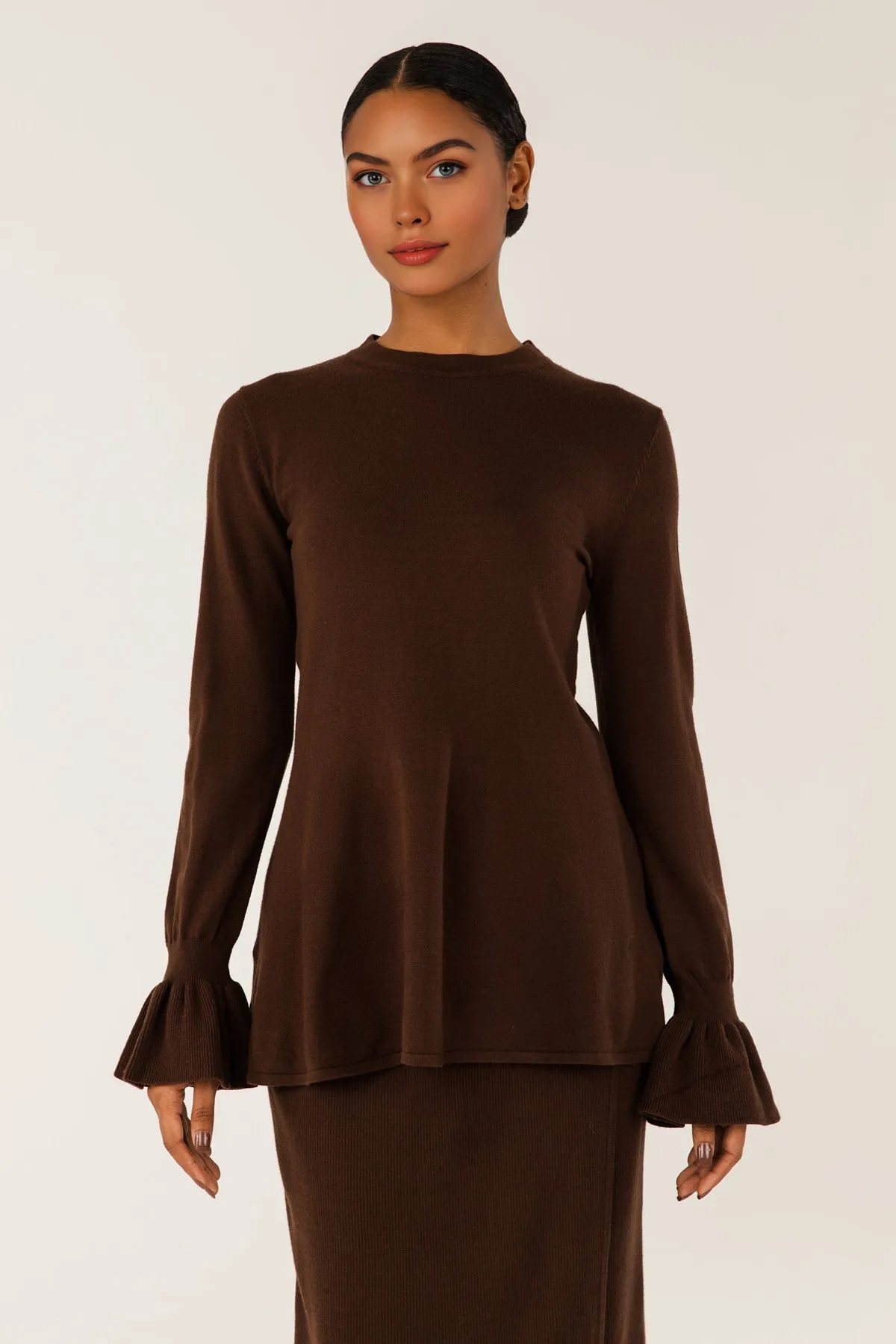 Alara Peplum Knit Top - Chocolate Brown