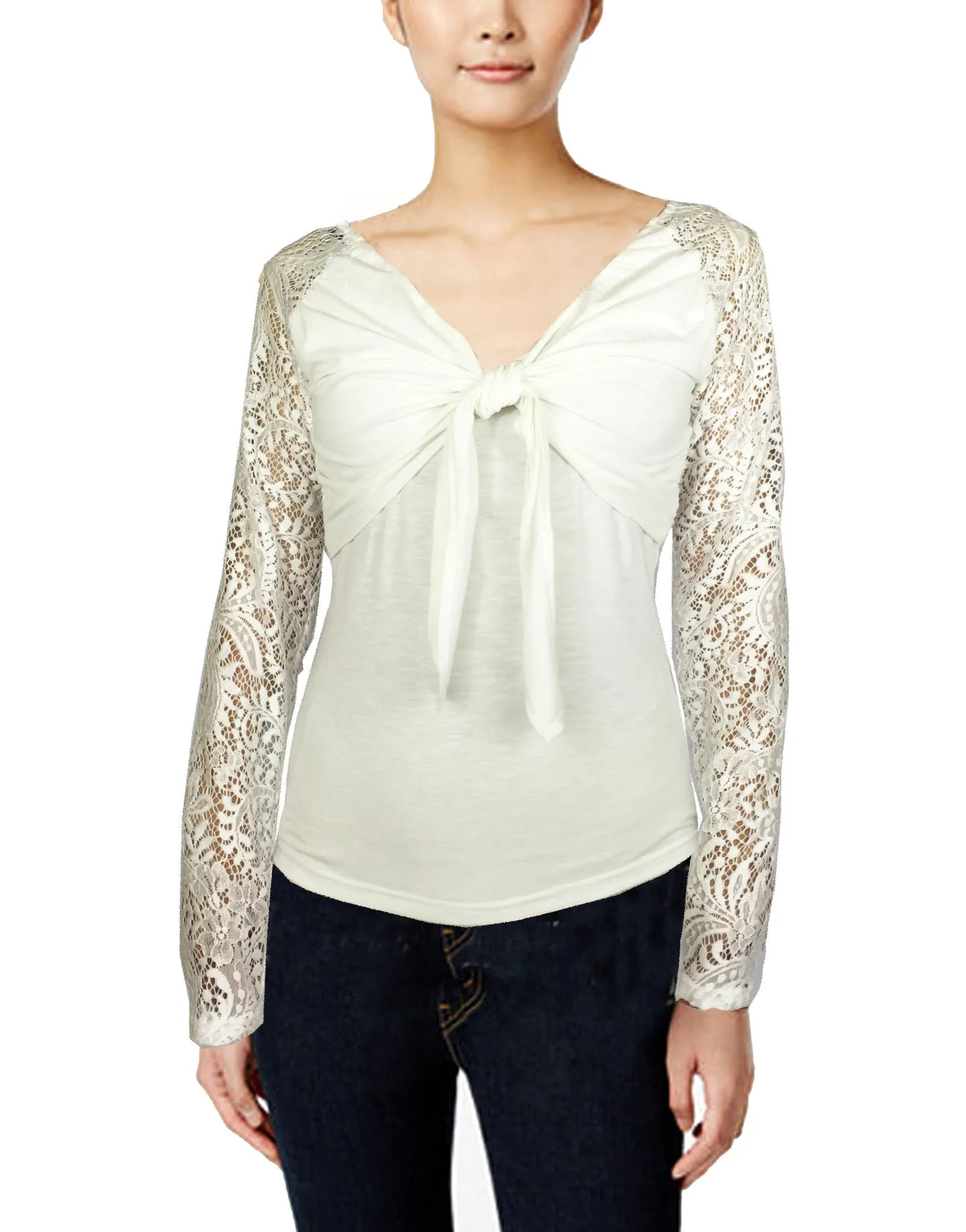ASHORE WOMENS BOW-TIE STRETCH LACE BLOUSE