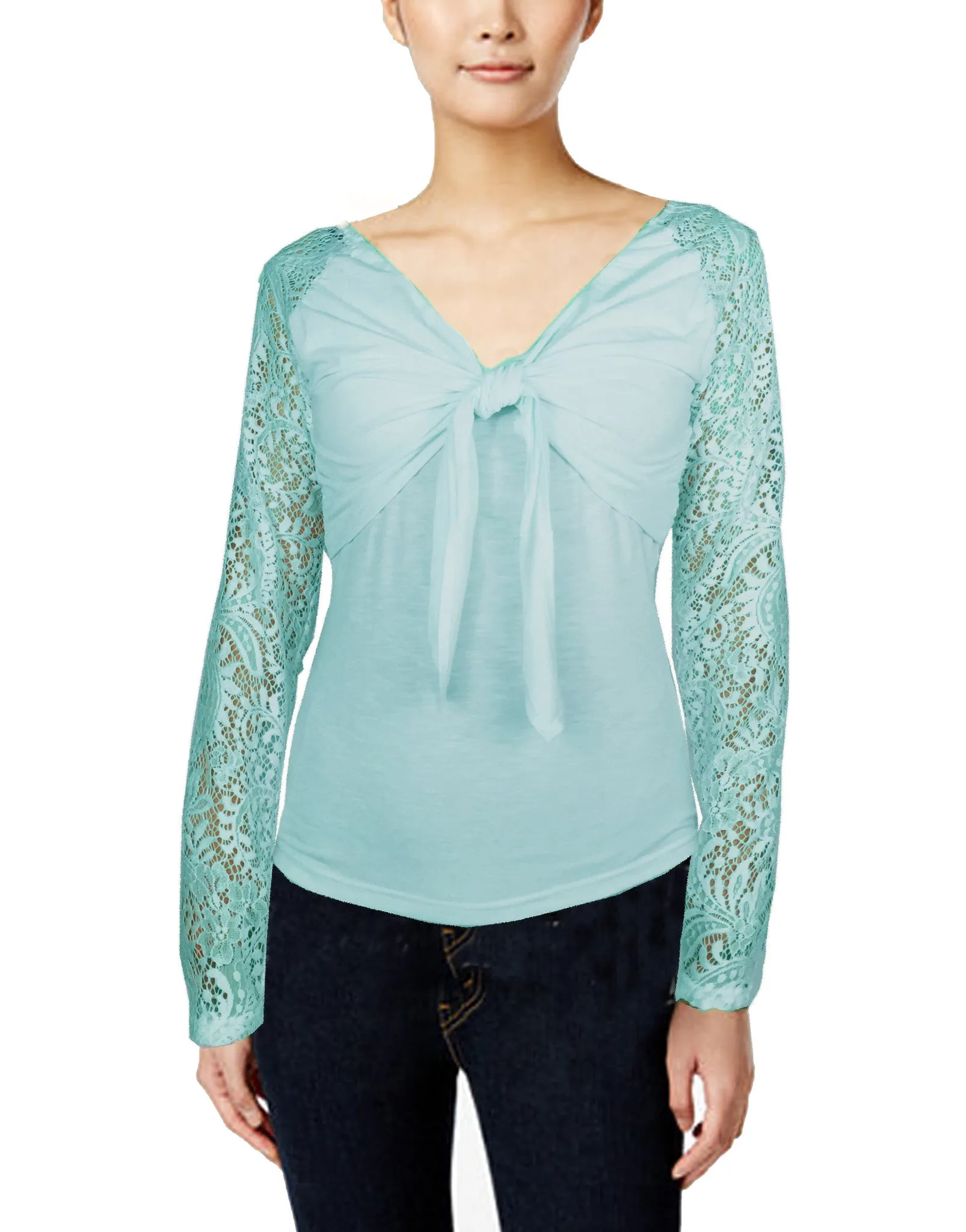 ASHORE WOMENS BOW-TIE STRETCH LACE BLOUSE