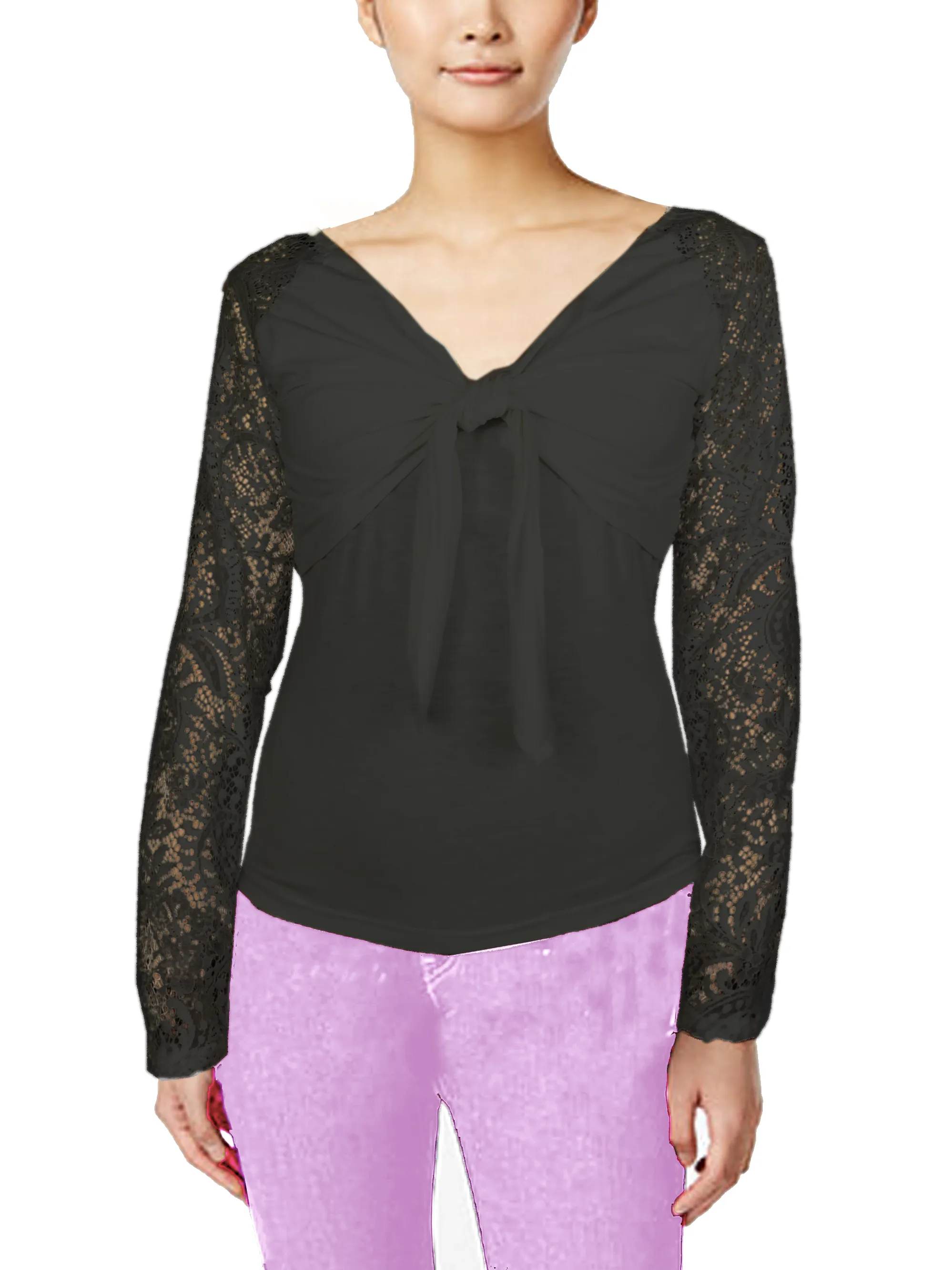 ASHORE WOMENS BOW-TIE STRETCH LACE BLOUSE