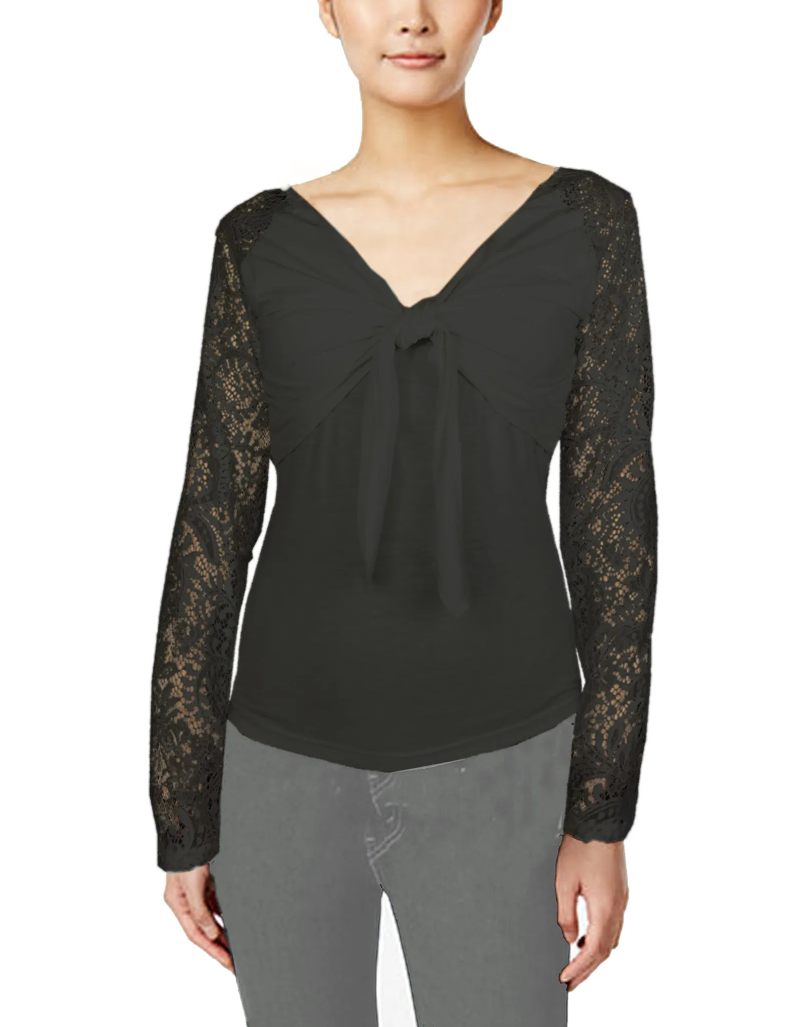 ASHORE WOMENS BOW-TIE STRETCH LACE BLOUSE