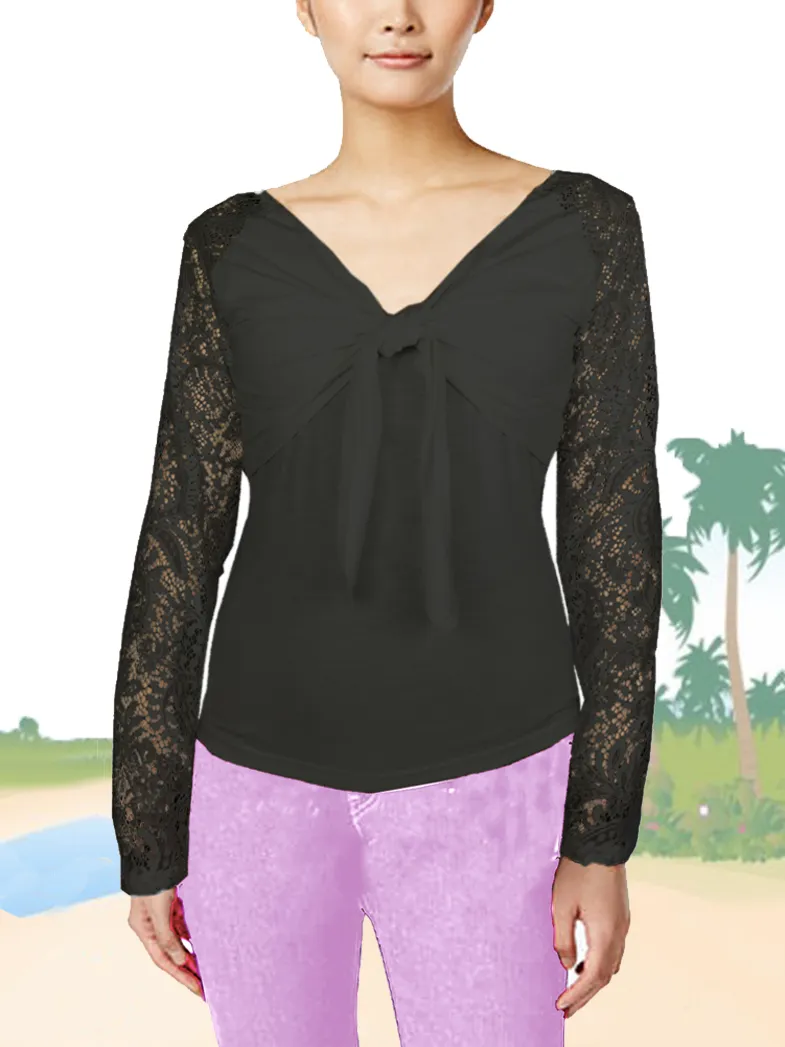 ASHORE WOMENS BOW-TIE STRETCH LACE BLOUSE