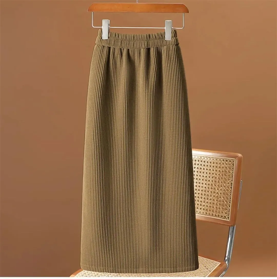 Autumn Winter Womens Corduroy Pencil Skirts Elastic Waist A-Line Skirt Simple Fleece Warm Mid-Calf Skirts