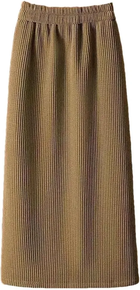 Autumn Winter Womens Corduroy Pencil Skirts Elastic Waist A-Line Skirt Simple Fleece Warm Mid-Calf Skirts