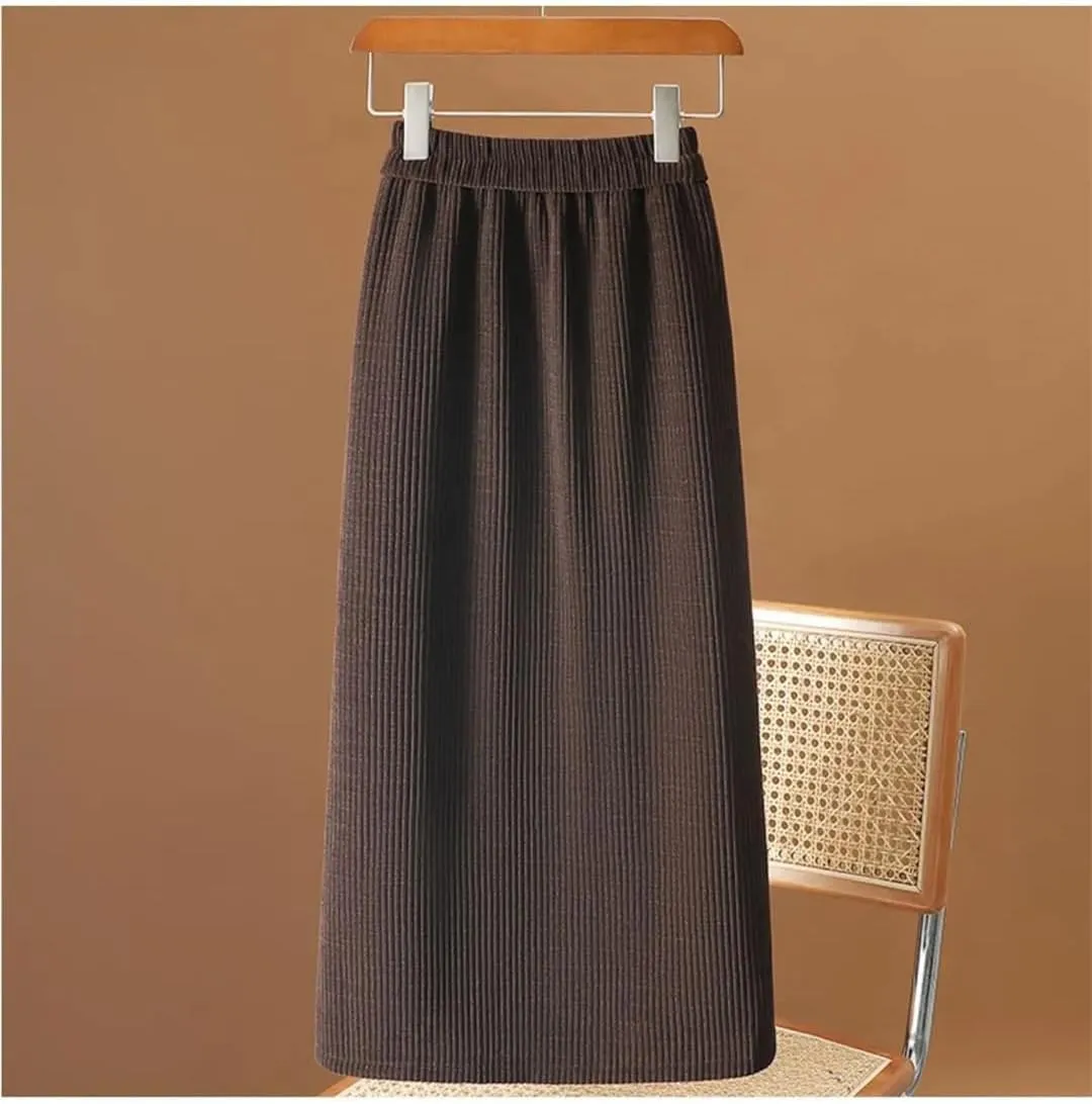 Autumn Winter Womens Corduroy Pencil Skirts Elastic Waist A-Line Skirt Simple Fleece Warm Mid-Calf Skirts
