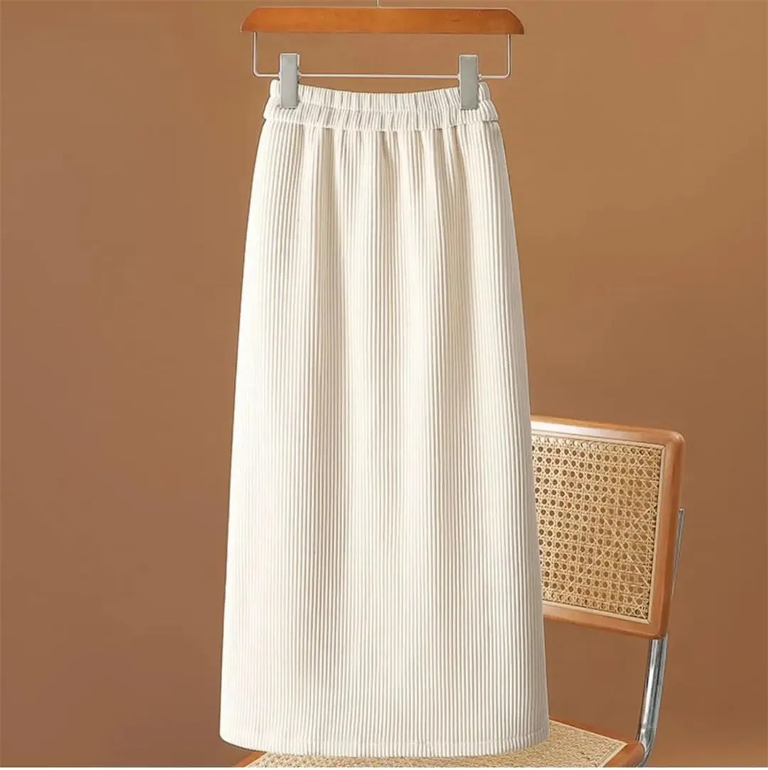 Autumn Winter Womens Corduroy Pencil Skirts Elastic Waist A-Line Skirt Simple Fleece Warm Mid-Calf Skirts