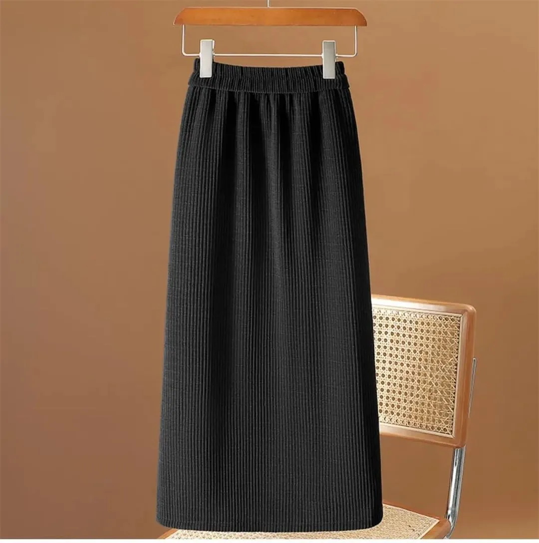 Autumn Winter Womens Corduroy Pencil Skirts Elastic Waist A-Line Skirt Simple Fleece Warm Mid-Calf Skirts