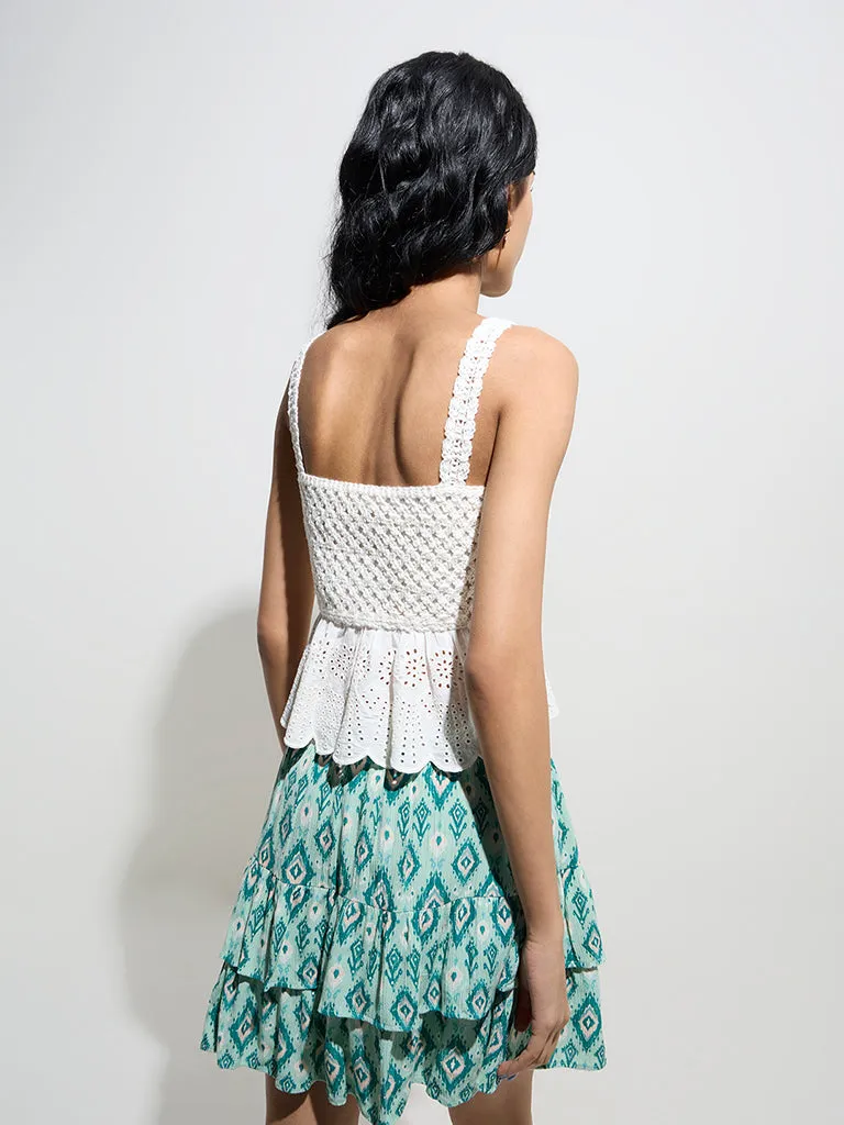 Bombay Paisley Ivory Crochet-Detailed Cotton Peplum Top