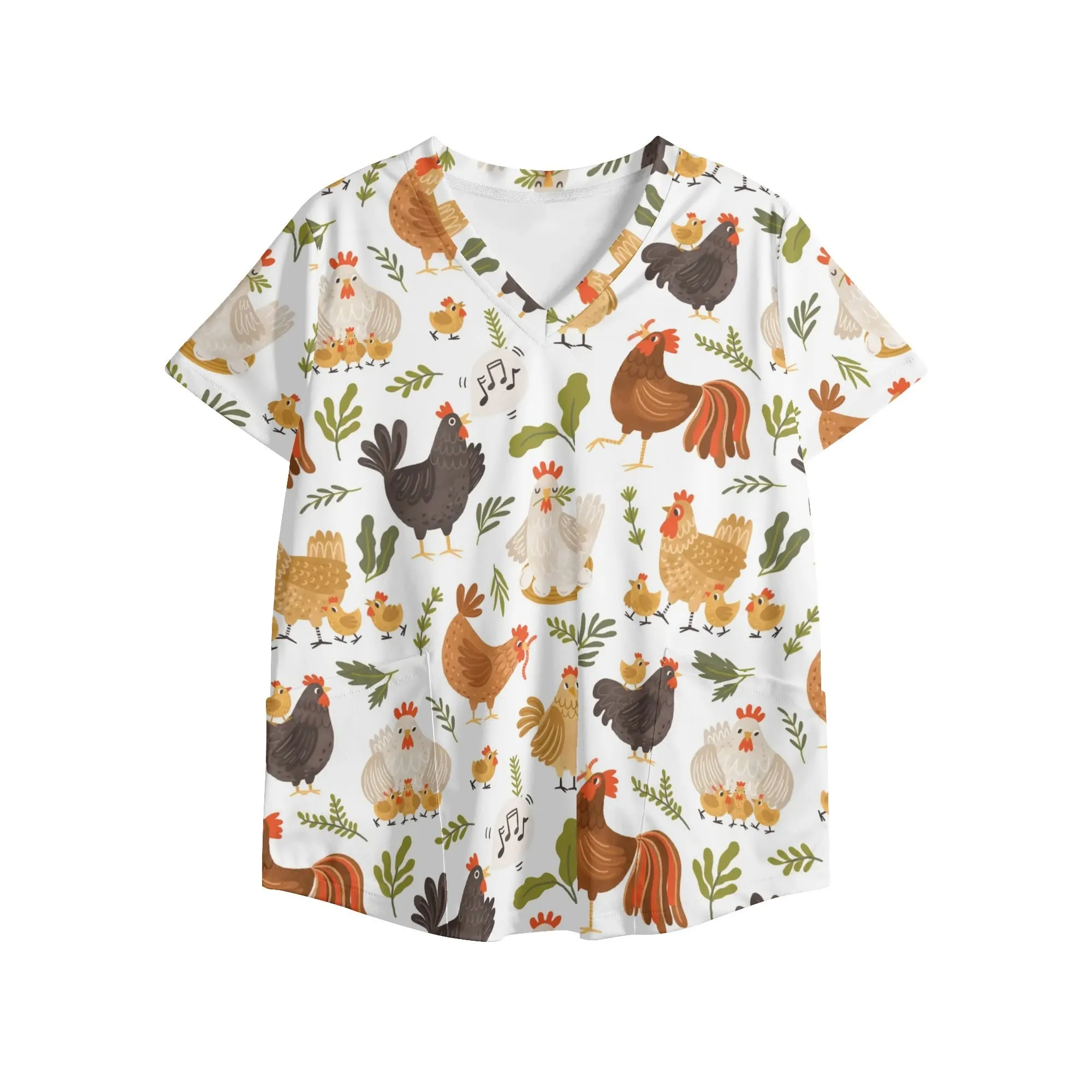 Chicken Pattern Scrub Top Hospital Scrubs Womens Printed V Neck Workwear Nursing Tops