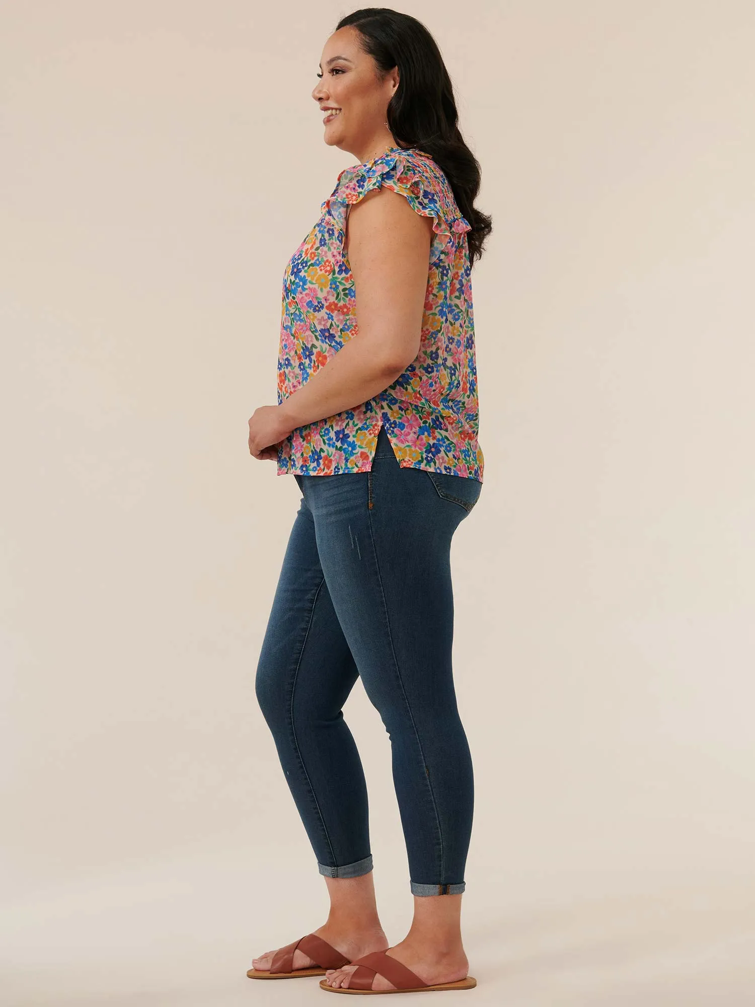 Double Flutter Sleeve Ruffled Plus Woven Floral Print Top