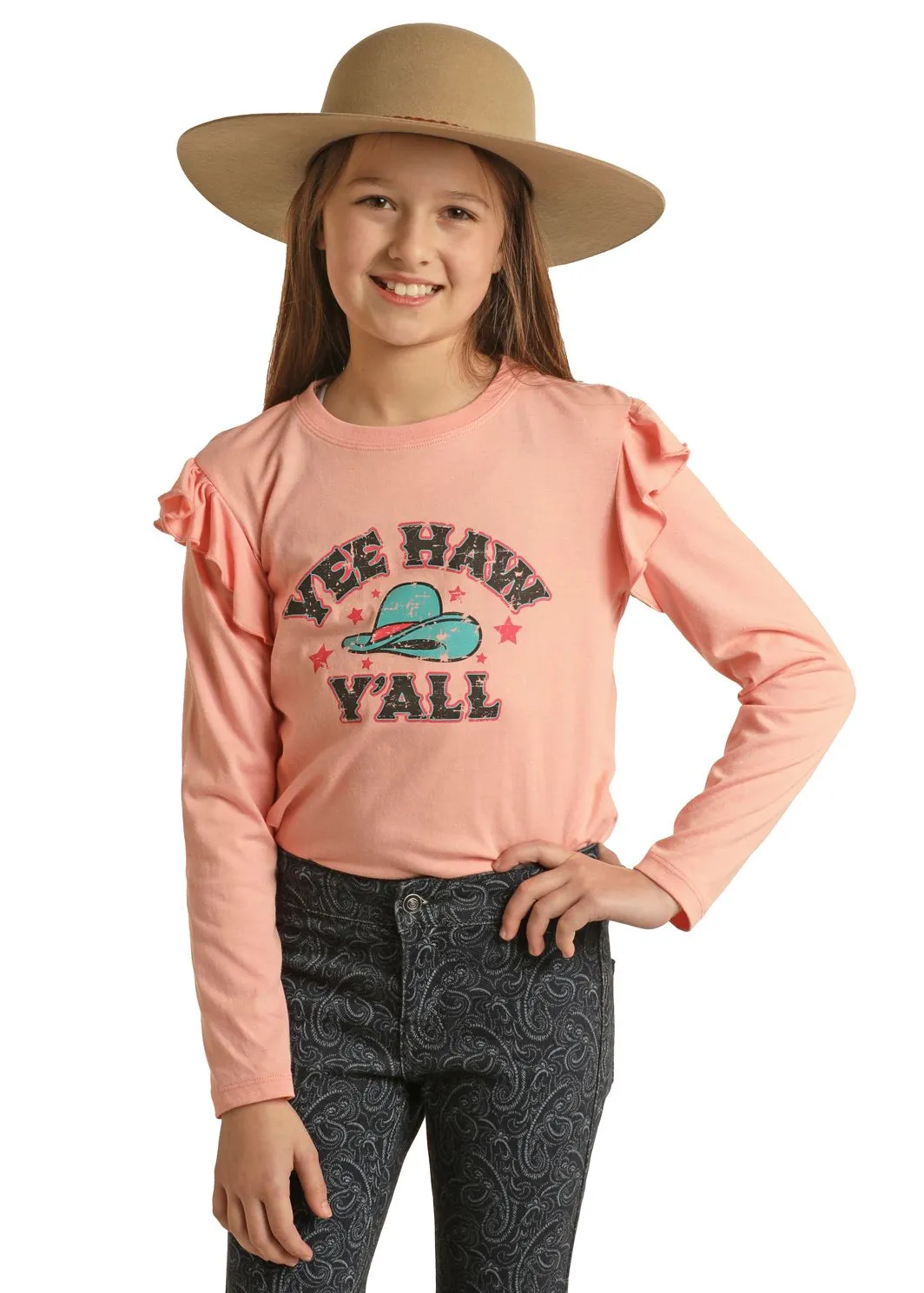Girl's Rock & Roll Yee Haw Y'all Long Sleeve Graphic Tee