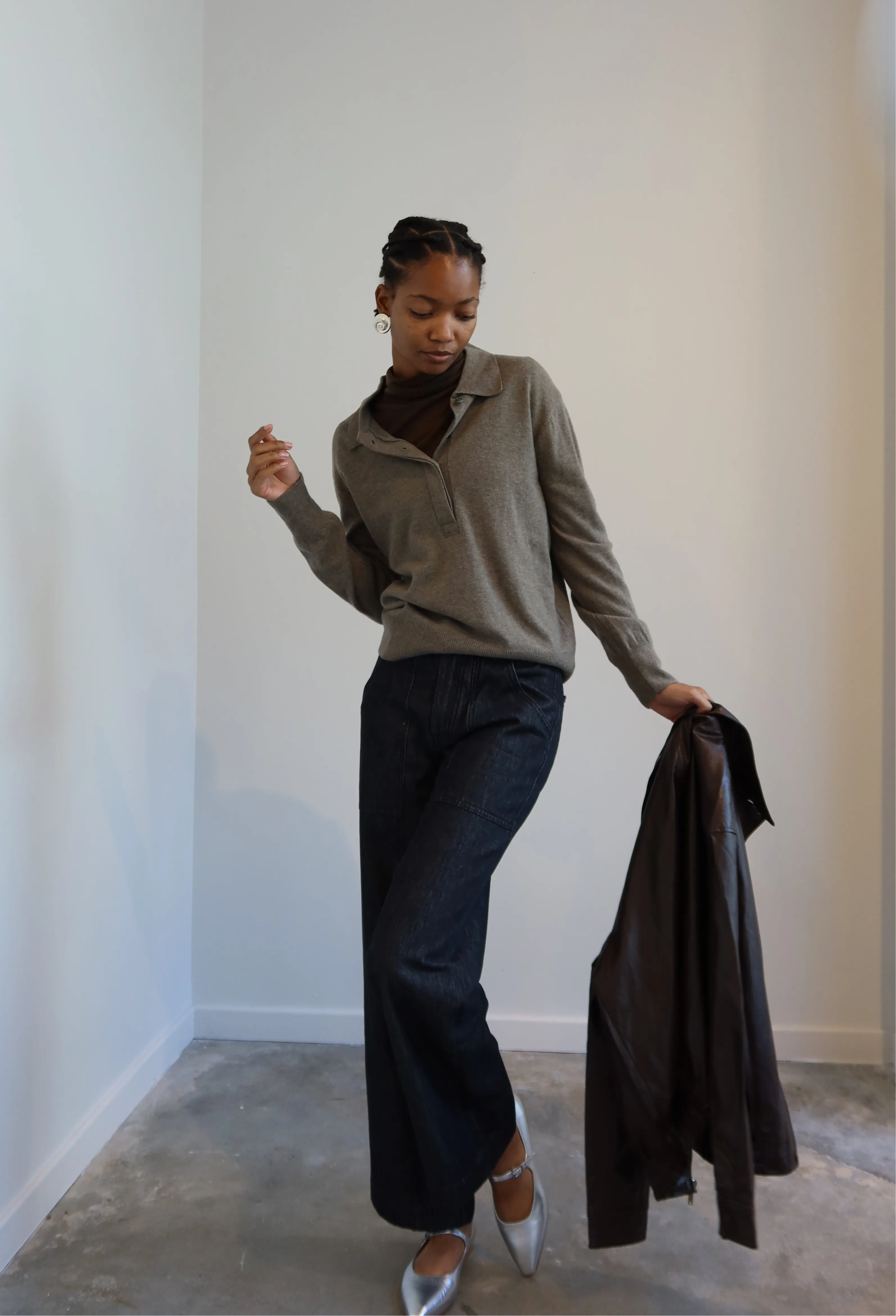 Greige Cashmere Blend Polo Sweater