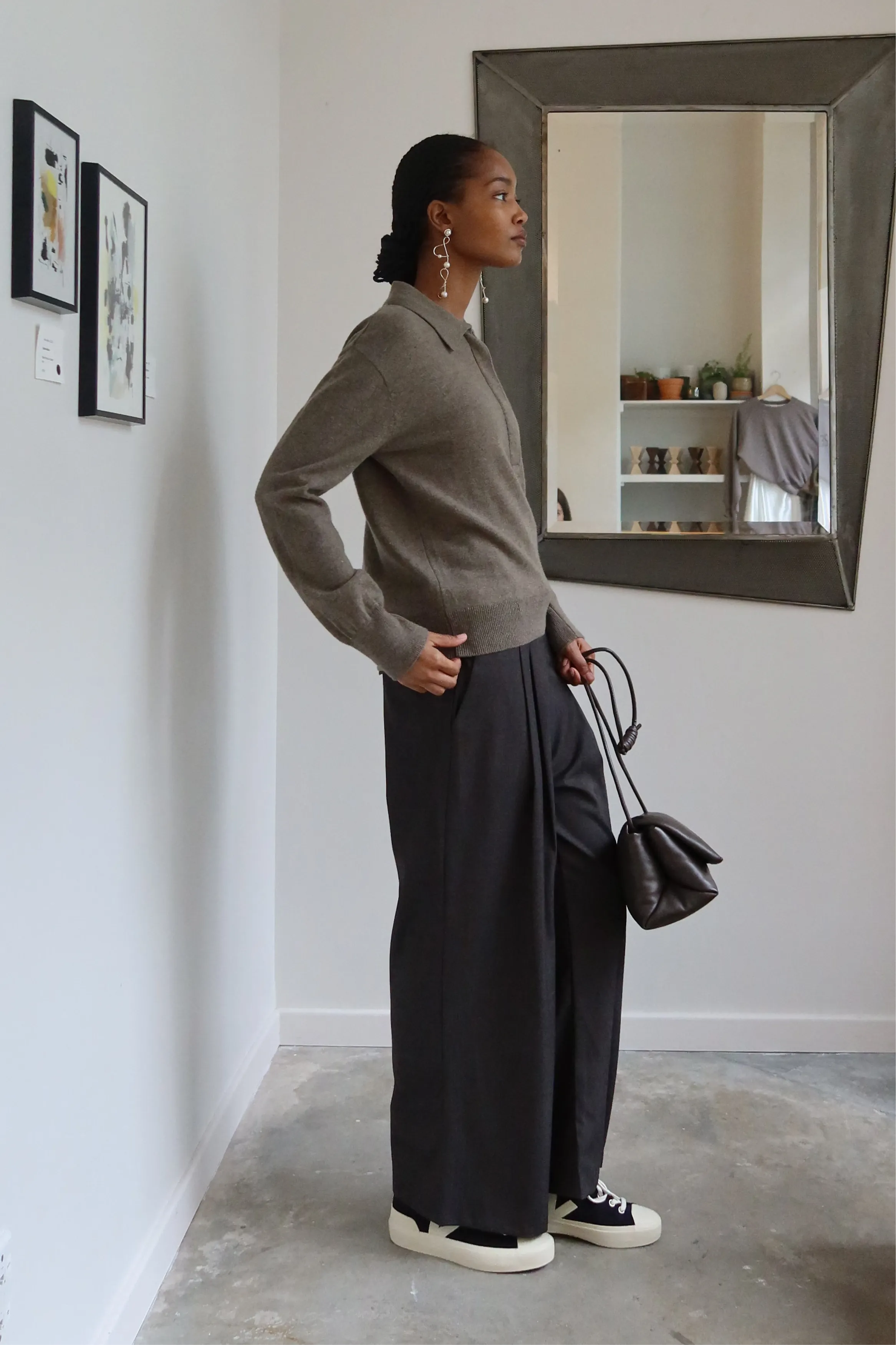 Greige Cashmere Blend Polo Sweater