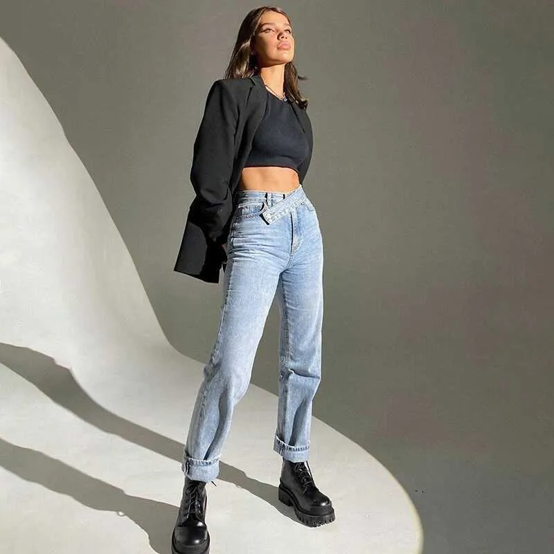 Irregular Belt High Waist Jeans