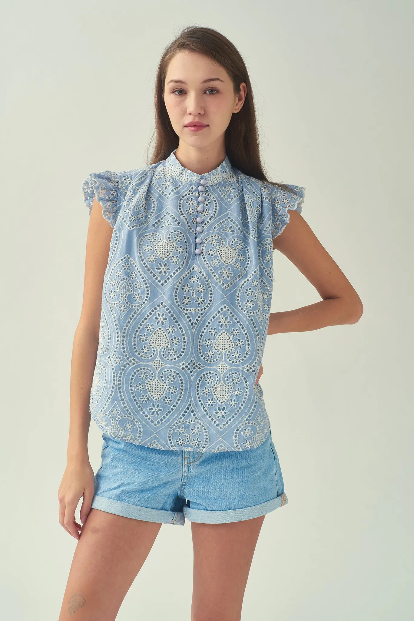 NORA Frill Shoulder Sleeveless Blouse (Blue)