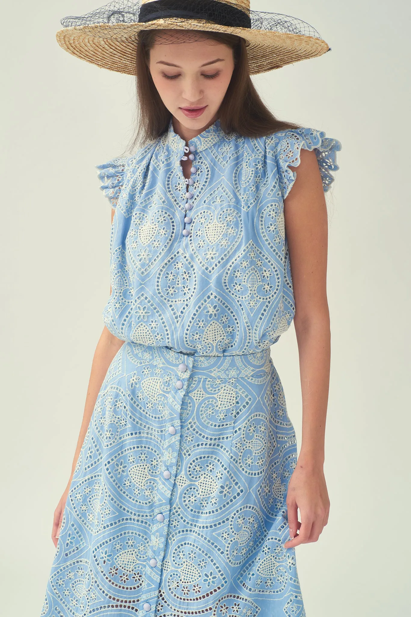 NORA Frill Shoulder Sleeveless Blouse (Blue)