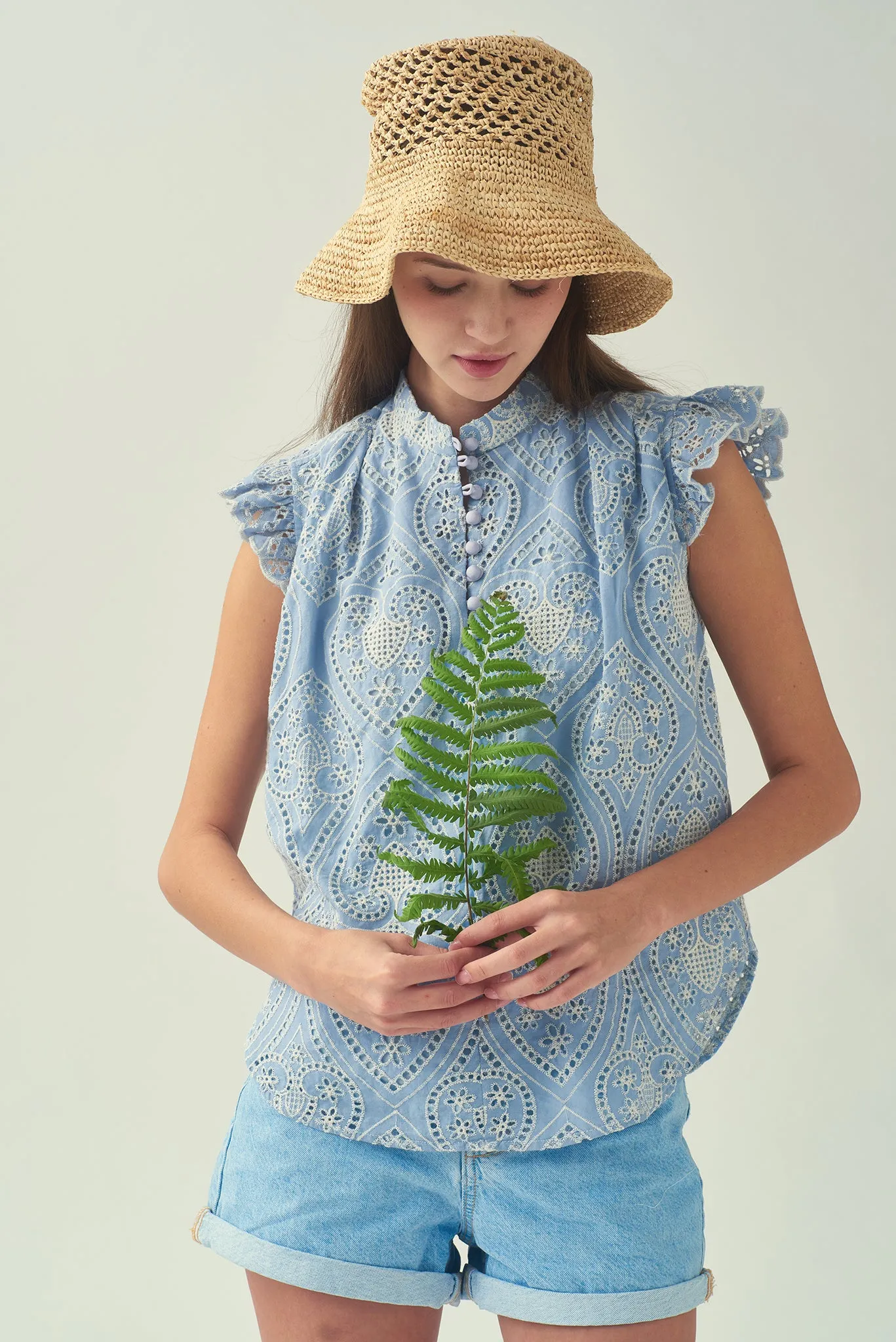 NORA Frill Shoulder Sleeveless Blouse (Blue)