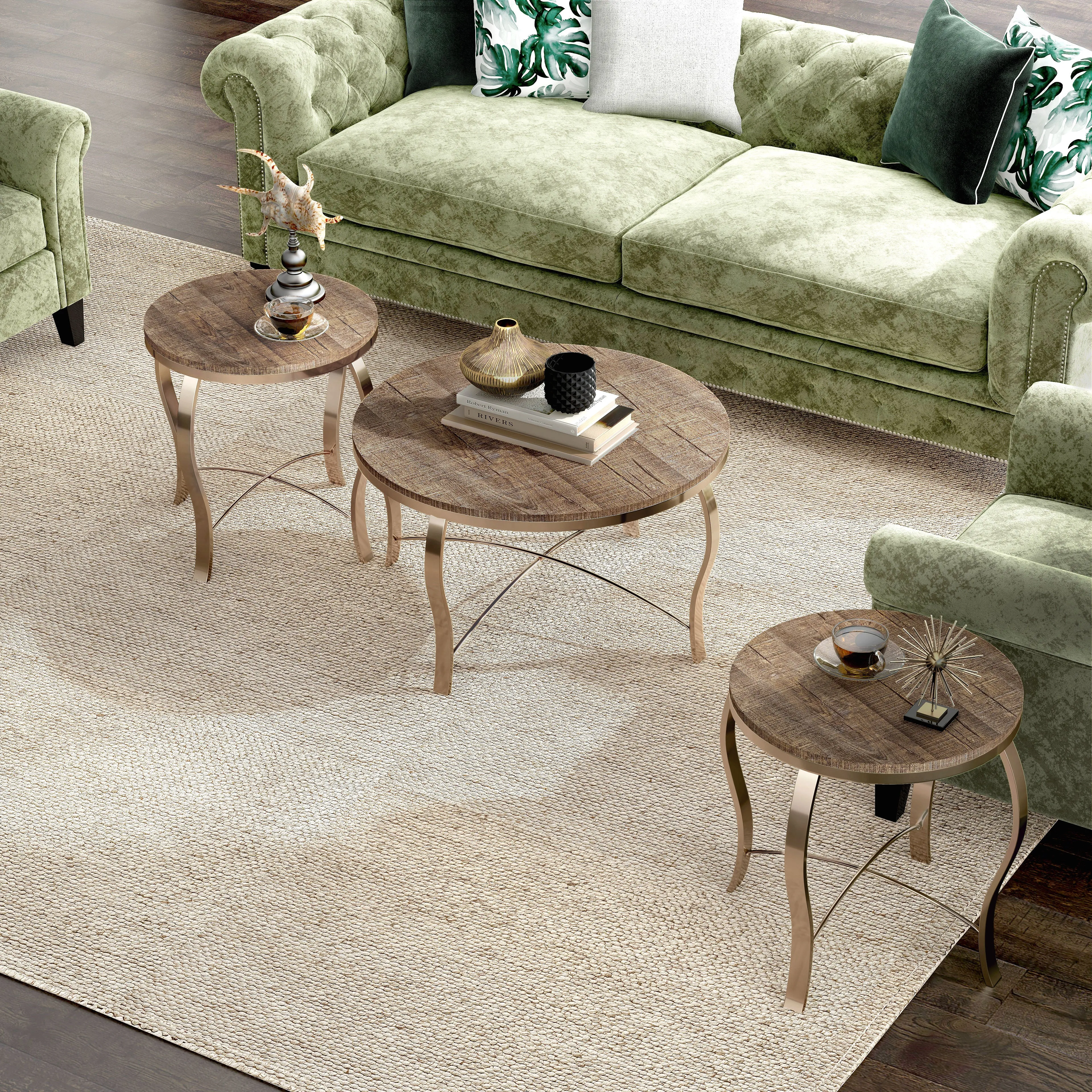 Orellia Rustic Oak On Champagne Metal 3-Piece Round Accent Table Set