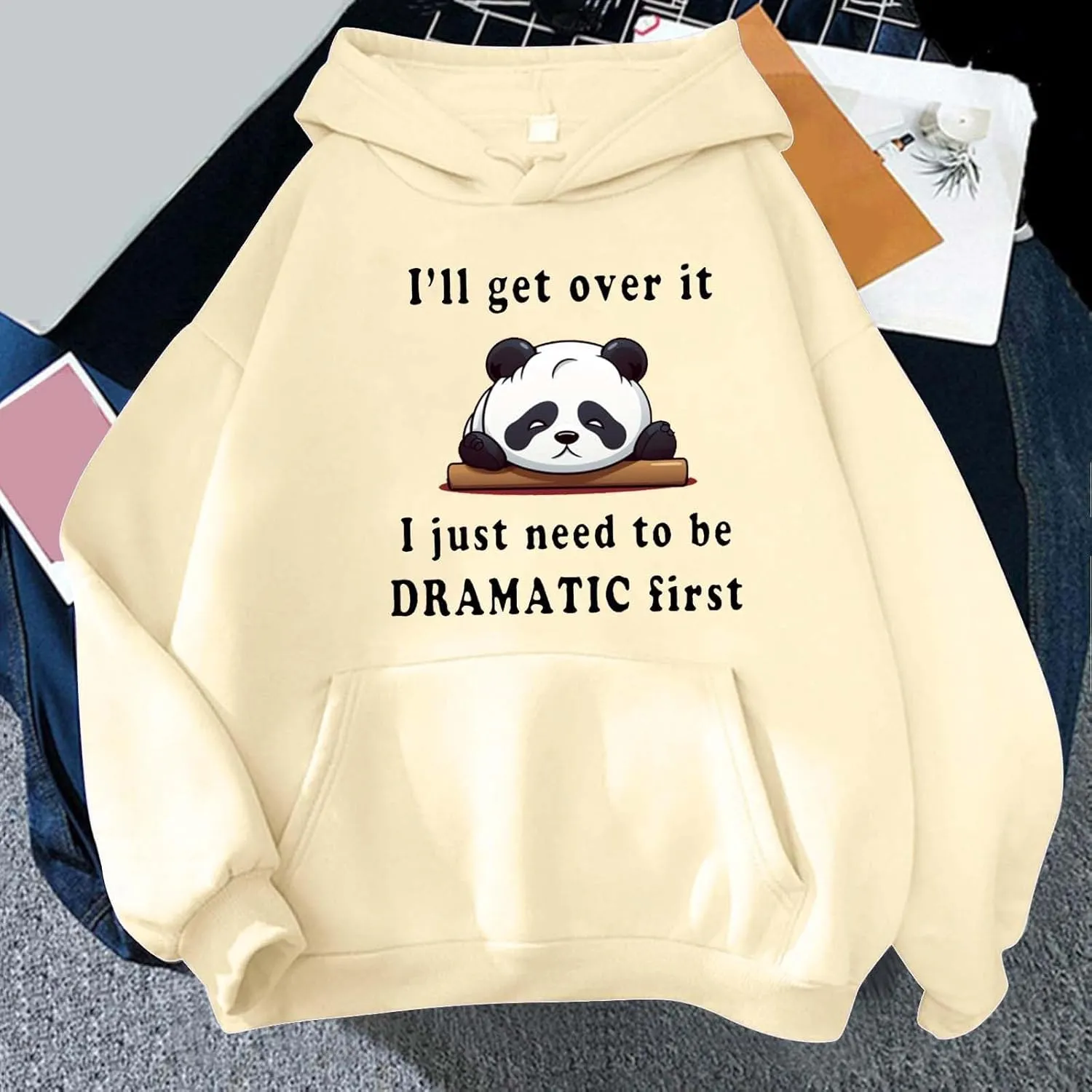 Oversized Hoodie for Teen Girls Cute Panda Letter Graphic Drawstring Hooded Sweatshirts I'll Get Over It Comfort Hoodies