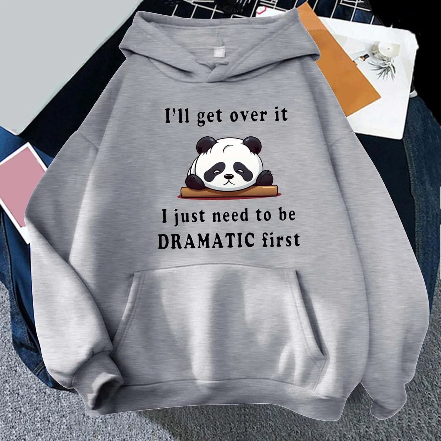 Oversized Hoodie for Teen Girls Cute Panda Letter Graphic Drawstring Hooded Sweatshirts I'll Get Over It Comfort Hoodies
