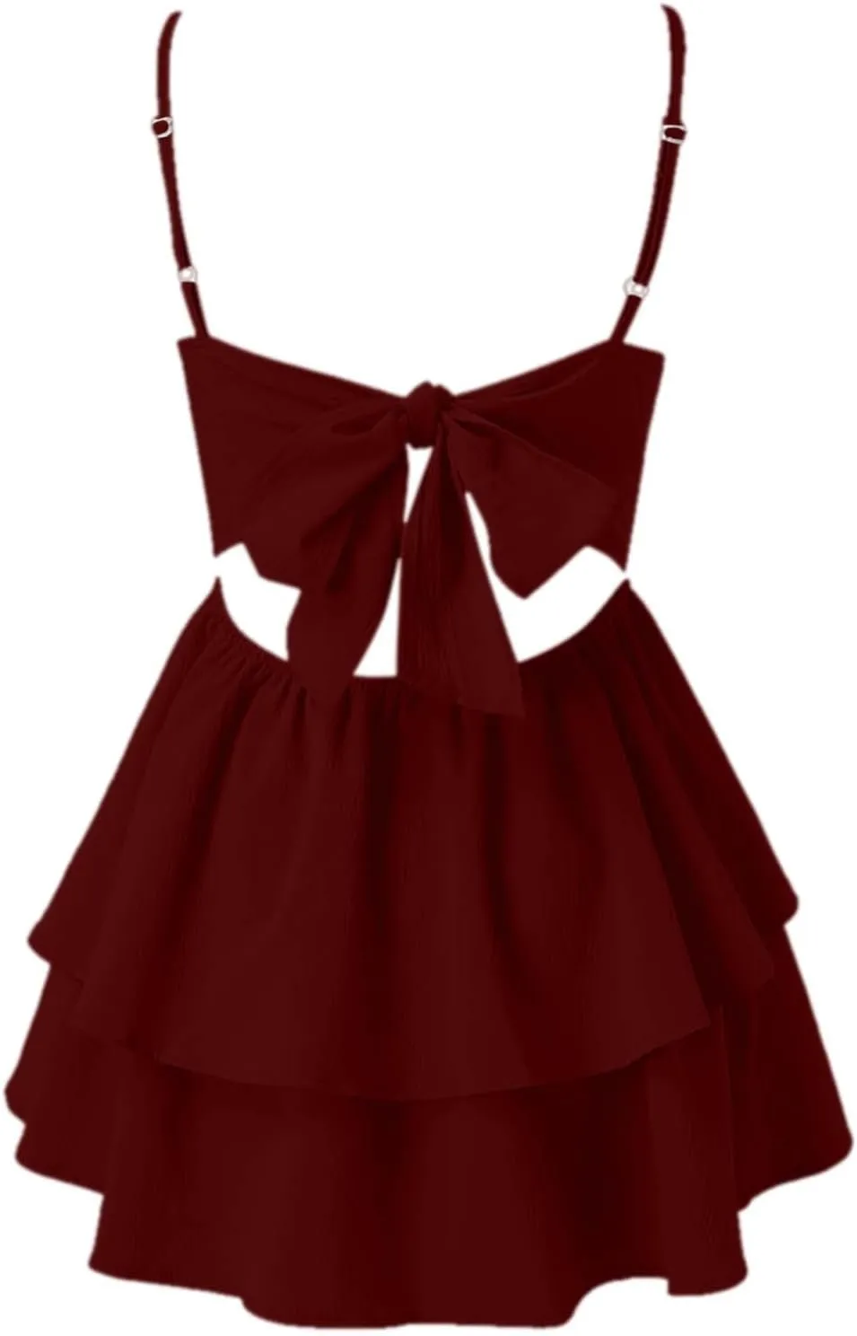PTOLOCIF Women's Spaghetti Strap Dresses Square Neck Bow Backless Sleeveless Elastic Waist Ruffle Hem A-Line Mini Dress