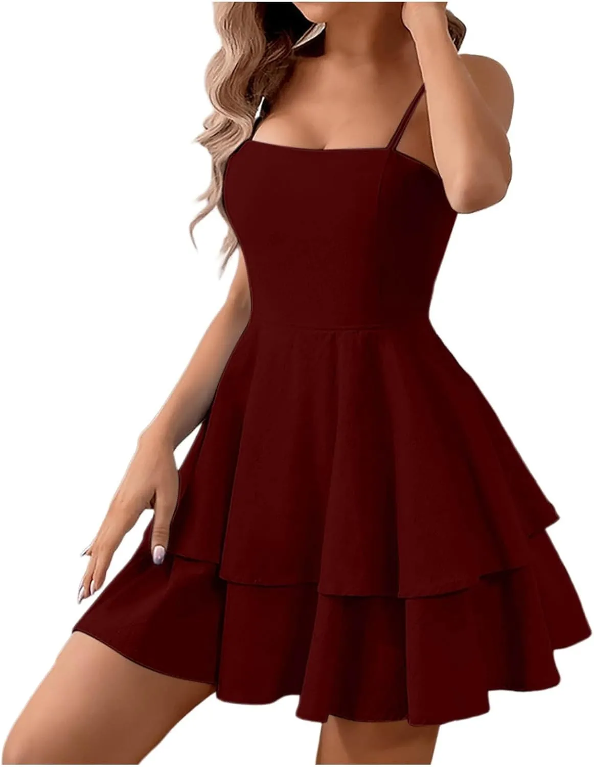 PTOLOCIF Women's Spaghetti Strap Dresses Square Neck Bow Backless Sleeveless Elastic Waist Ruffle Hem A-Line Mini Dress