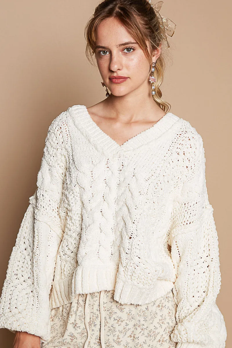 Pumpkin Fall V-Neck Balloon Sleeve Chenille Sweater