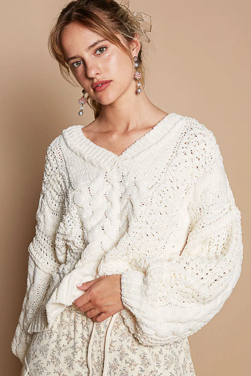 Pumpkin Fall V-Neck Balloon Sleeve Chenille Sweater