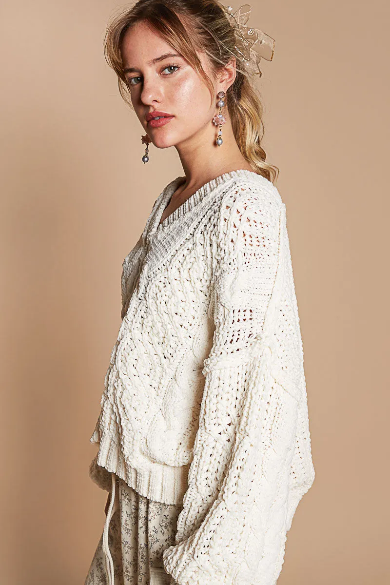Pumpkin Fall V-Neck Balloon Sleeve Chenille Sweater