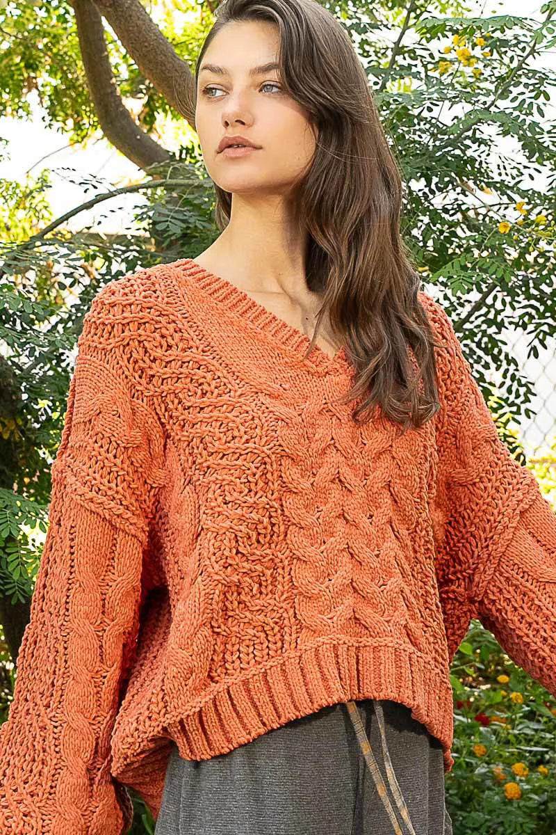Pumpkin Fall V-Neck Balloon Sleeve Chenille Sweater