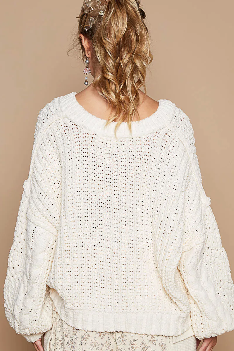 Pumpkin Fall V-Neck Balloon Sleeve Chenille Sweater