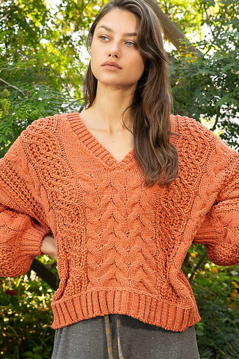 Pumpkin Fall V-Neck Balloon Sleeve Chenille Sweater