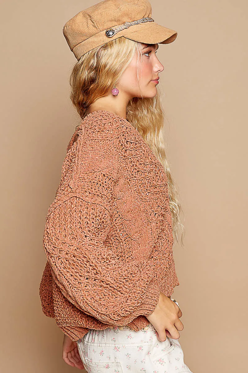 Pumpkin Fall V-Neck Balloon Sleeve Chenille Sweater