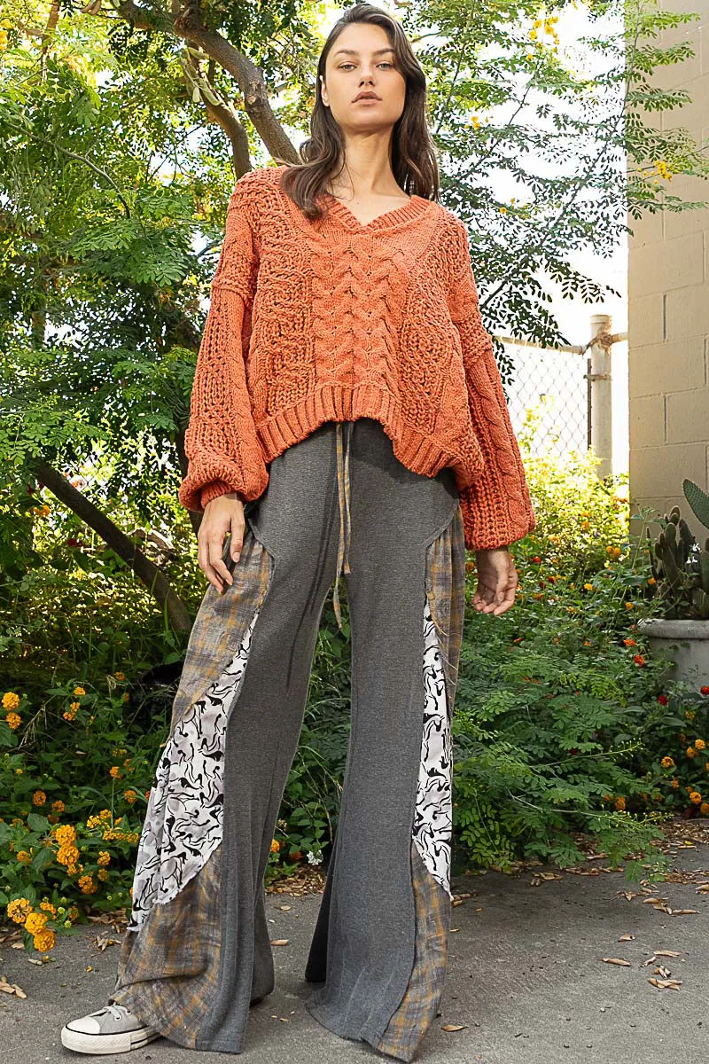 Pumpkin Fall V-Neck Balloon Sleeve Chenille Sweater