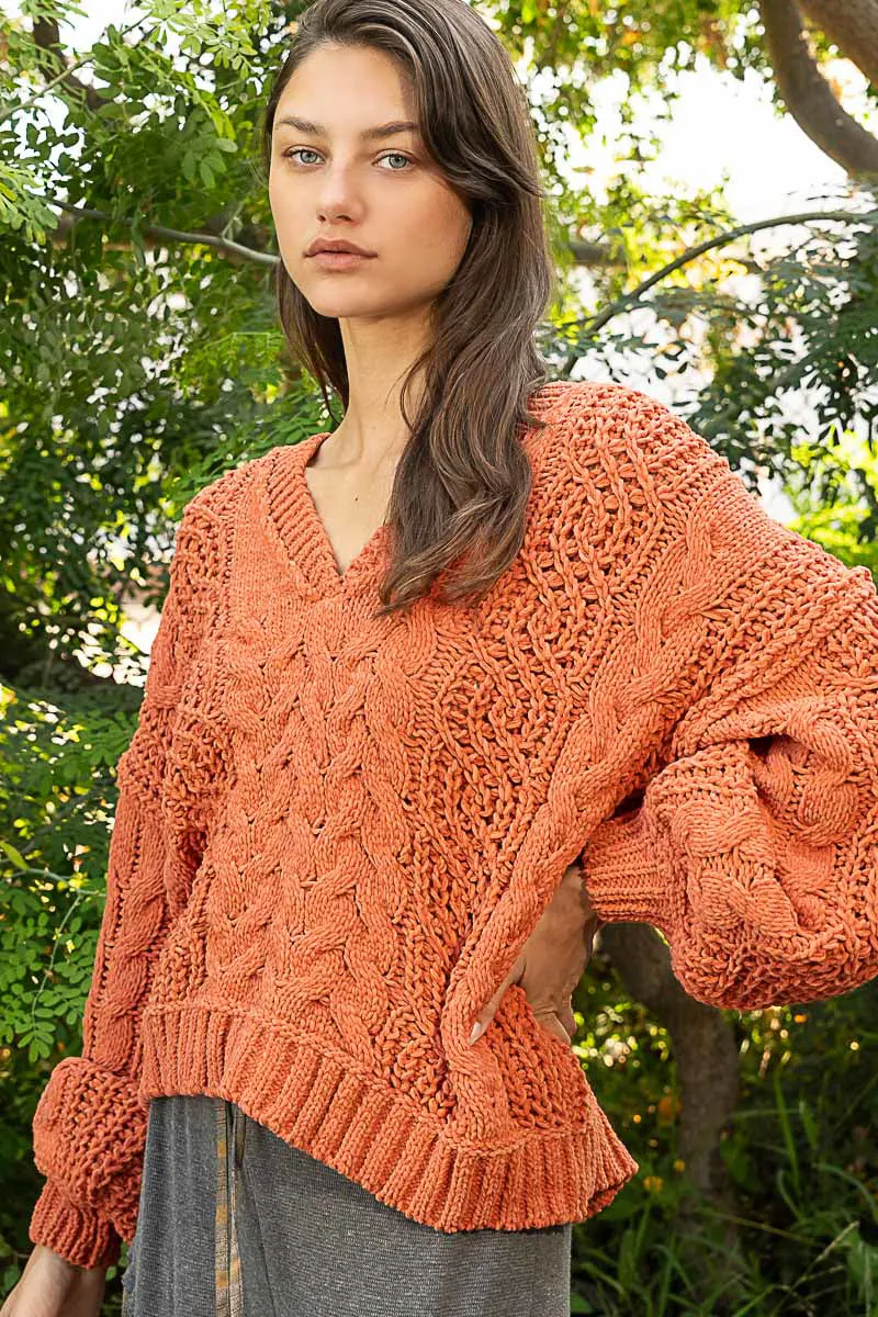 Pumpkin Fall V-Neck Balloon Sleeve Chenille Sweater