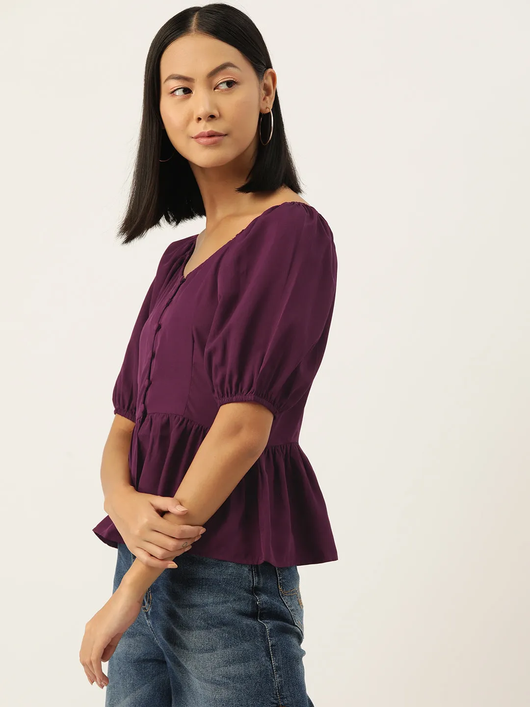 Purple  Solid Sweetheart Neck Puff Sleeve Crepe Peplum Top