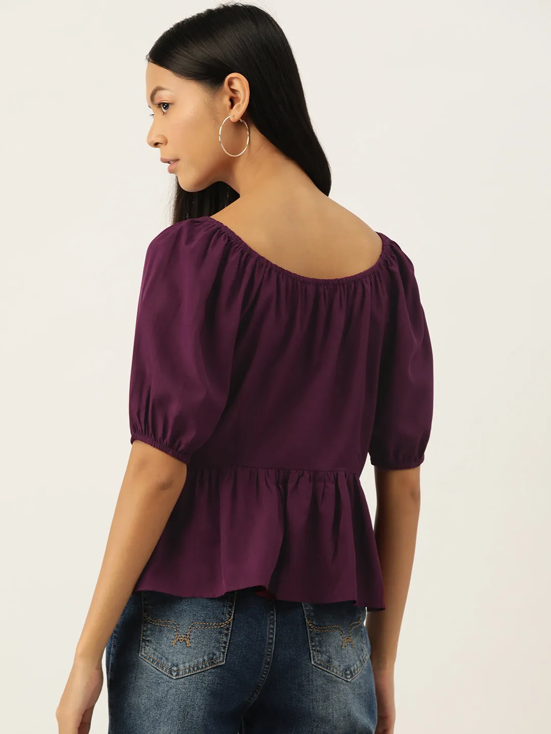 Purple  Solid Sweetheart Neck Puff Sleeve Crepe Peplum Top