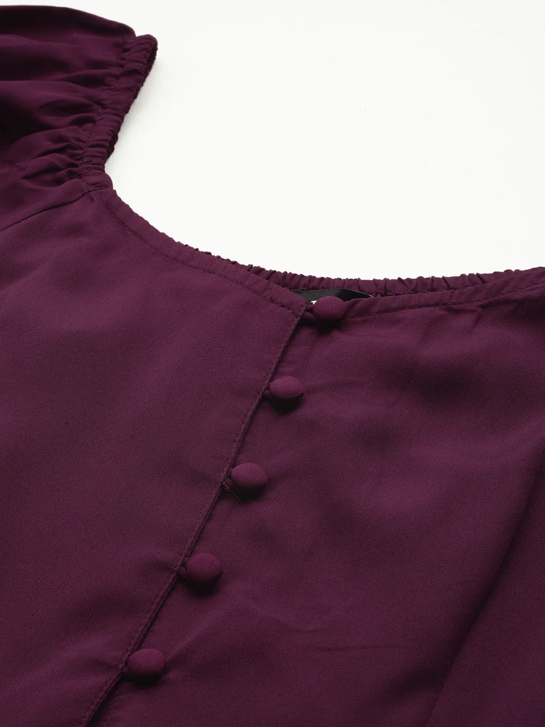 Purple  Solid Sweetheart Neck Puff Sleeve Crepe Peplum Top