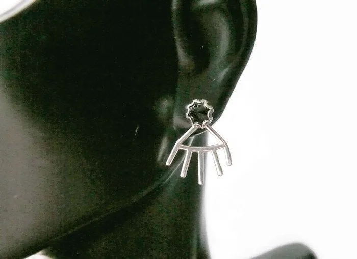 Sterling silver tribal earrings • Deep V moonbeam ear jacket spike • Double sided earrings • Black stud earrings birthstone