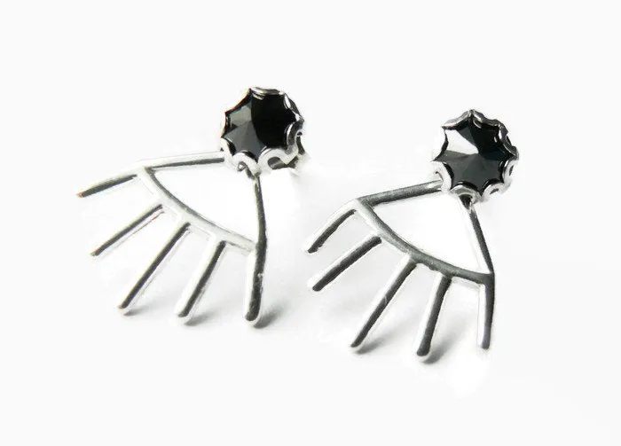 Sterling silver tribal earrings • Deep V moonbeam ear jacket spike • Double sided earrings • Black stud earrings birthstone