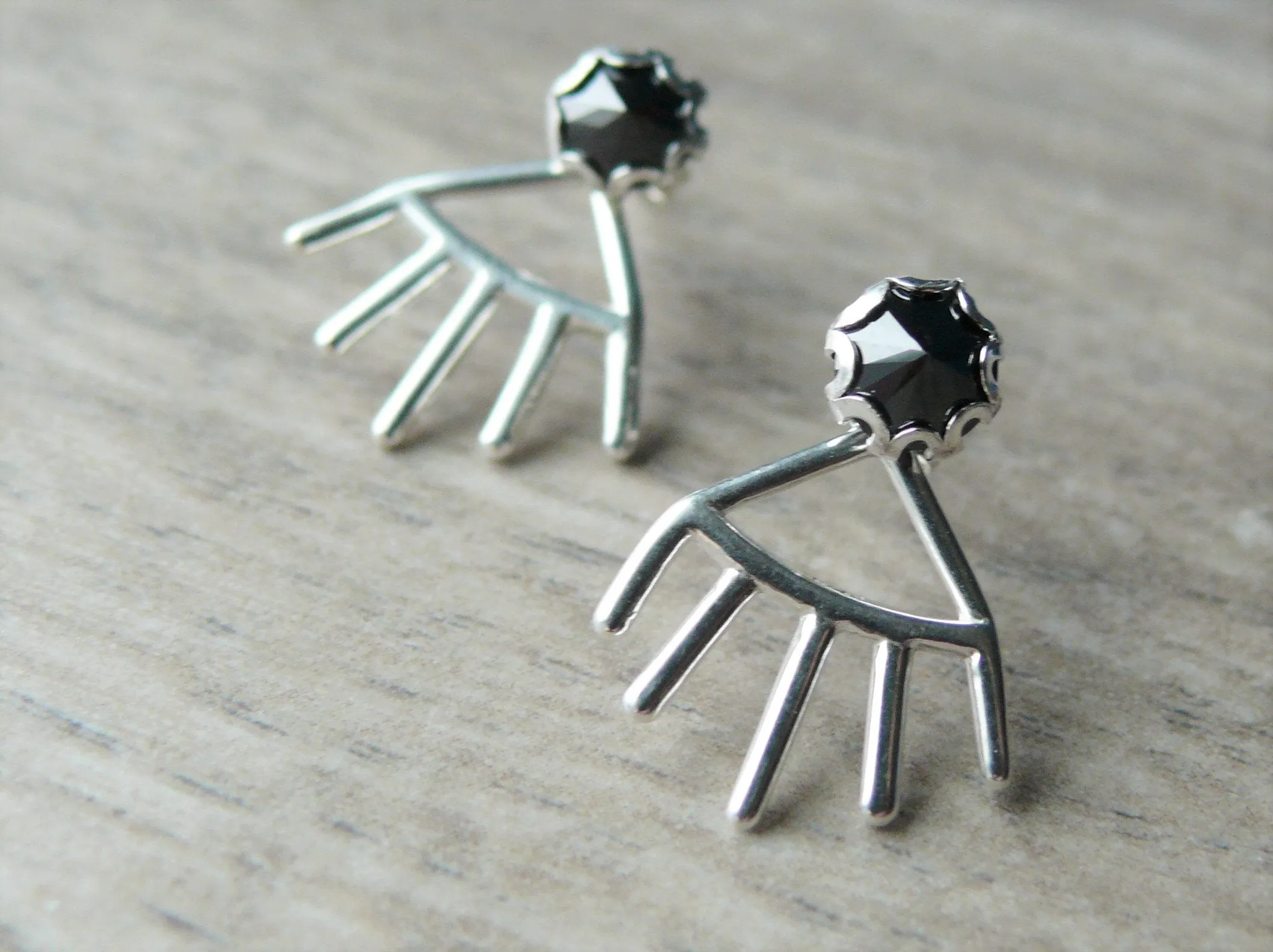 Sterling silver tribal earrings • Deep V moonbeam ear jacket spike • Double sided earrings • Black stud earrings birthstone