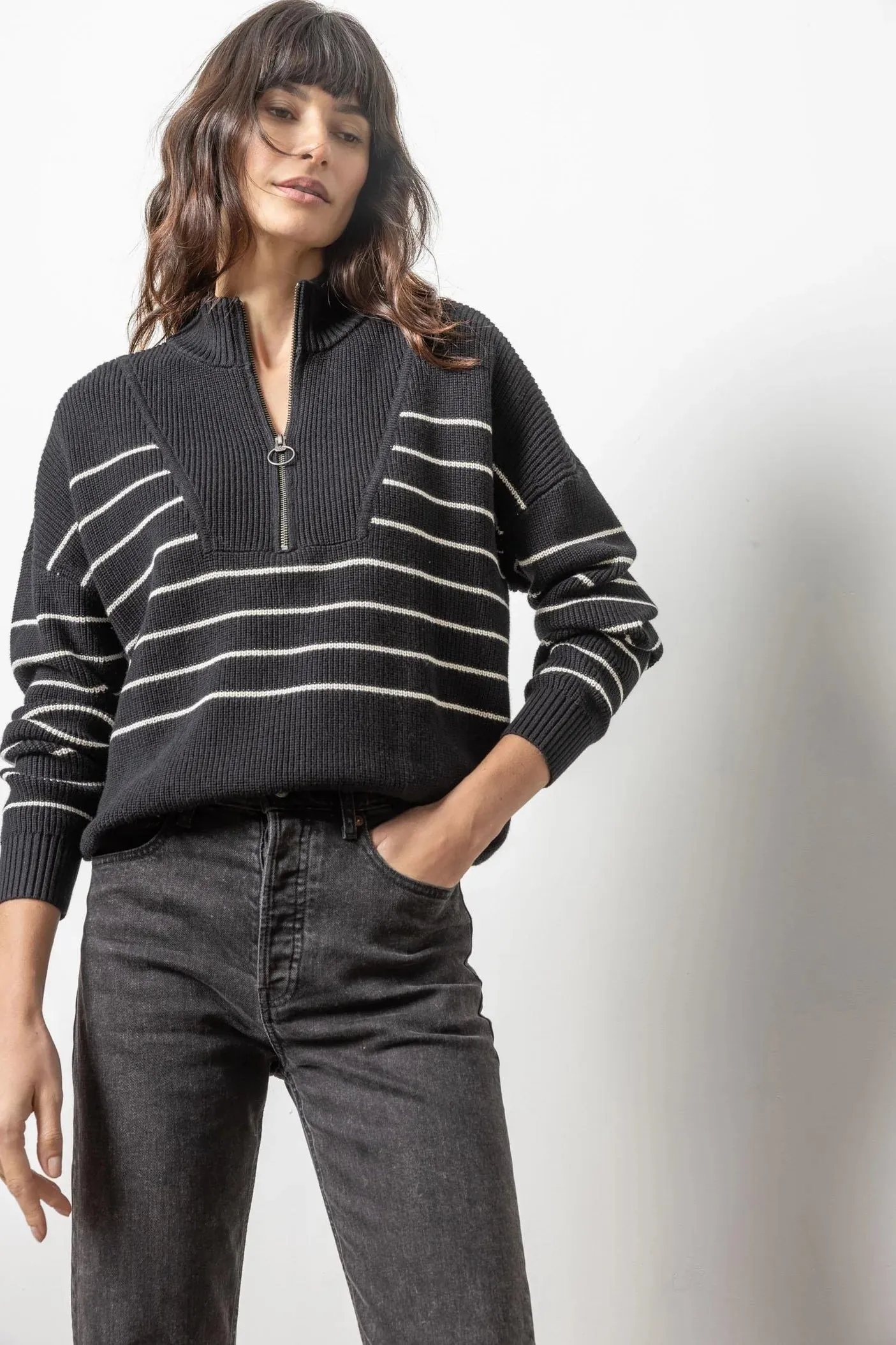STRIPED ZIP FRONT SWEATER
