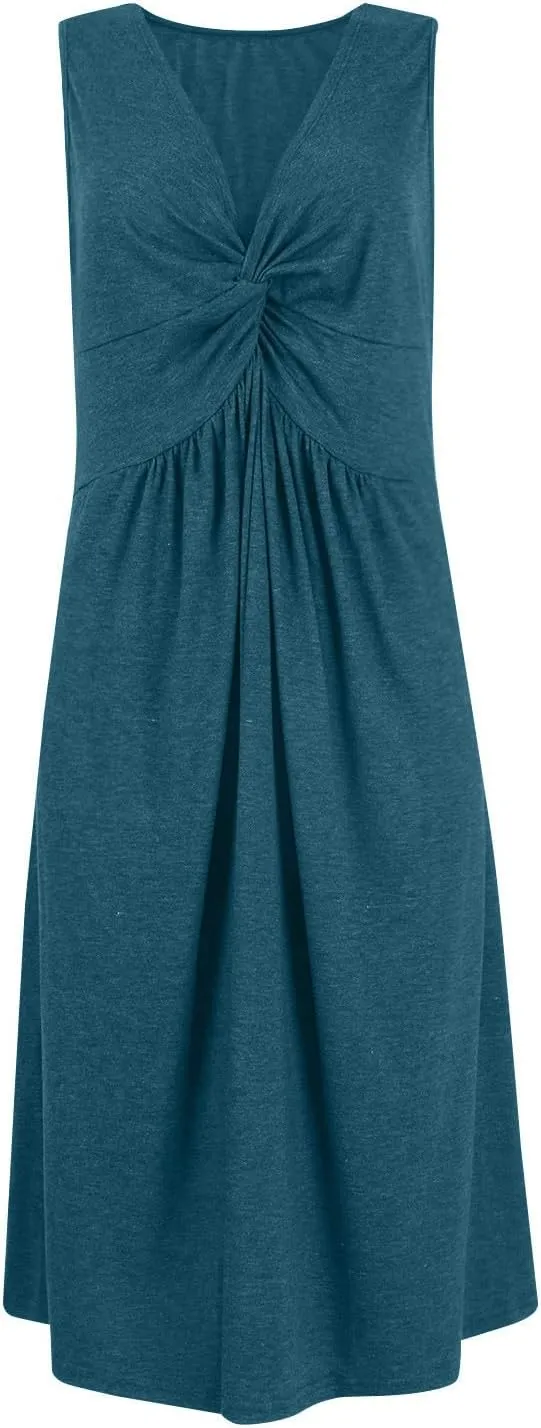 Summer Dresses for Women Sexy Deep V Neck Front Twist Knot Tank Mini Dress Casual Sleeveless Tunic Dress Beach Sundress