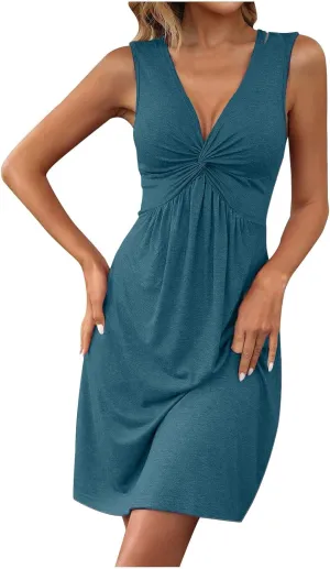 Summer Dresses for Women Sexy Deep V Neck Front Twist Knot Tank Mini Dress Casual Sleeveless Tunic Dress Beach Sundress