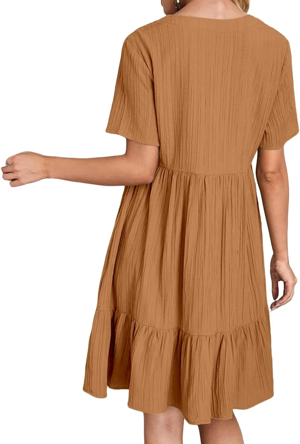 Sundresses for Women Summer Loose Fit V Neck Short Sleeve Mini Dress Ruffle Pleated Waist Layered Dresses 2025