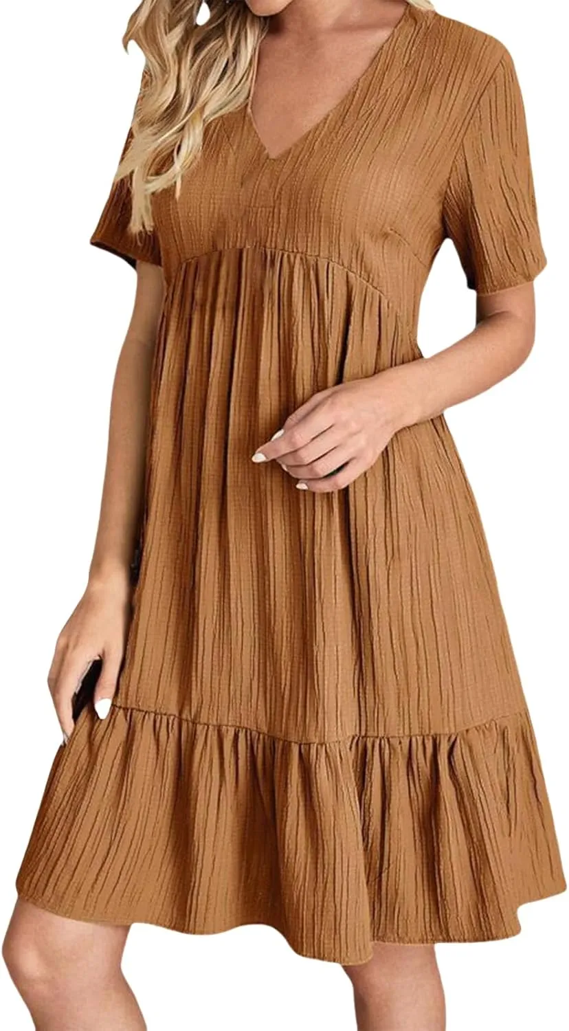 Sundresses for Women Summer Loose Fit V Neck Short Sleeve Mini Dress Ruffle Pleated Waist Layered Dresses 2025
