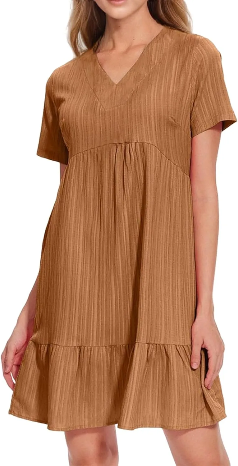 Sundresses for Women Summer Loose Fit V Neck Short Sleeve Mini Dress Ruffle Pleated Waist Layered Dresses 2025