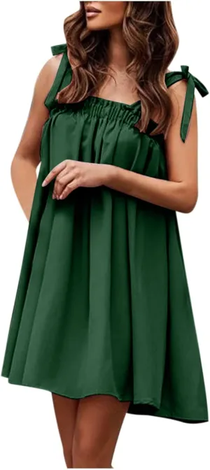 tuduoms Womens Summer Tie Strap Babydoll Dress Ruffle Pleated Flared Flowy Sundress Sleeveless Casual Beach Party Mini Dress