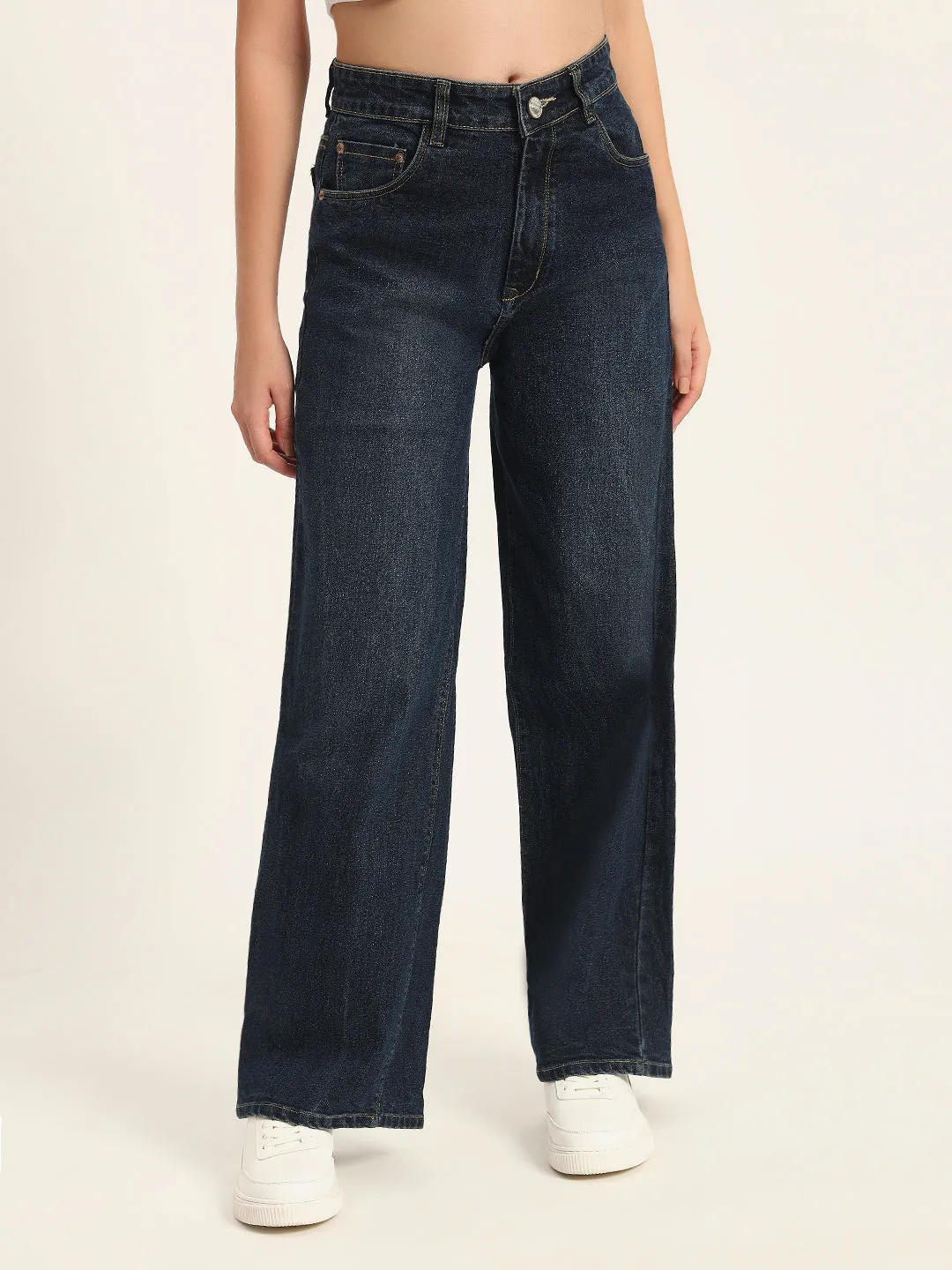 WOMEN BLACK WIDE LEG STRETCHABLE JEANS